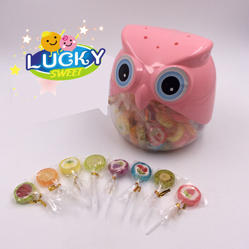 Fruity hard candy lollipop candy in cartoon jar