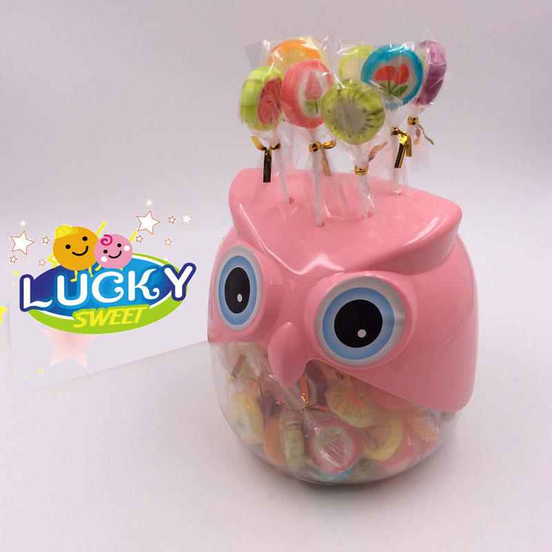 Fruity hard candy lollipop candy in cartoon jar