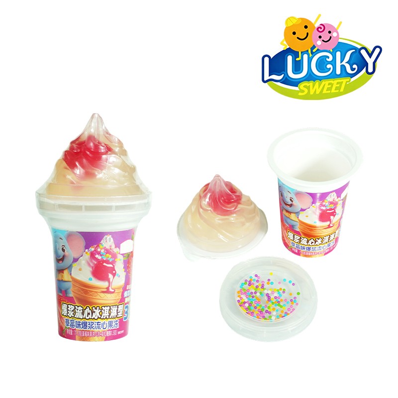 Strawberry ice cream jelly with colorful mini candy