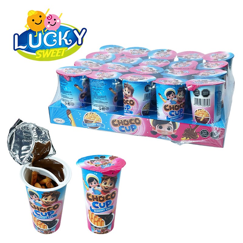 chocolate cup with biscuits with toys