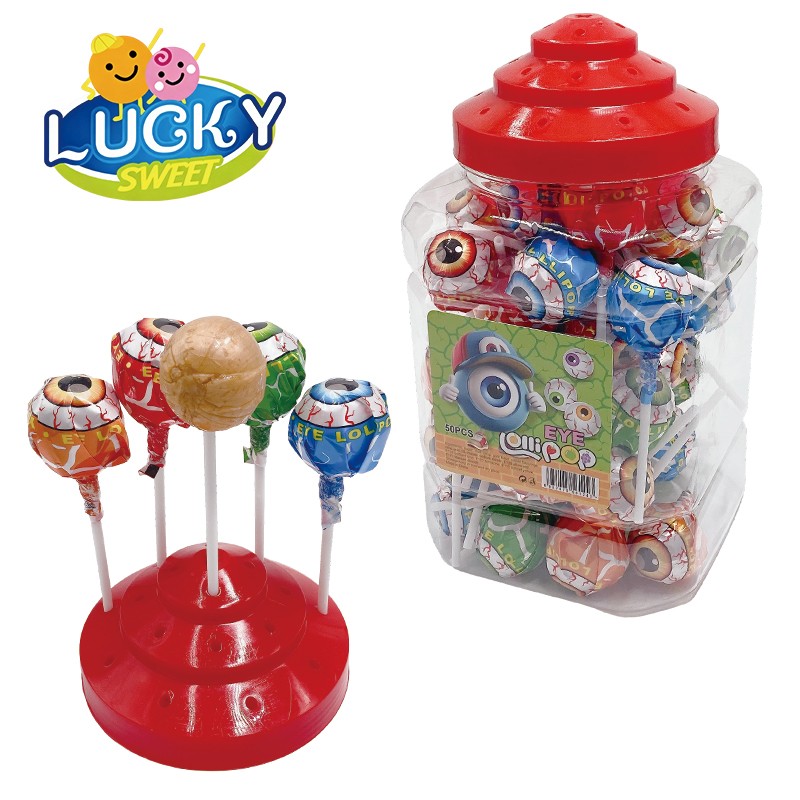 Short jar of eyeball lollipops